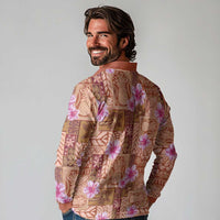 Orange Hawaii Hibiscus With Tropical Flowers Motifs Long Sleeve Polo Shirt - Polynesian Pride