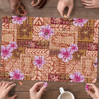 Orange Hawaii Hibiscus With Tropical Flowers Motifs Puzzle - Polynesian Pride