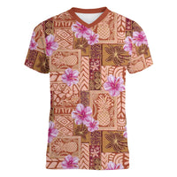 Orange Hawaii Hibiscus With Tropical Flowers Motifs Women V-Neck T-Shirt LT14 Female Orange - Polynesian Pride