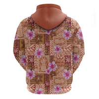 Orange Hawaii Hibiscus With Tropical Flowers Motifs Zip Hoodie - Polynesian Pride
