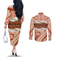 Aloha Hawaii Mikioi Lei Couples Matching Off The Shoulder Long Sleeve Dress and Long Sleeve Button Shirt Beige Tropical Flower Pattern LT14 - Polynesian Pride