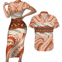 Aloha Hawaii Mikioi Lei Couples Matching Short Sleeve Bodycon Dress and Hawaiian Shirt Beige Tropical Flower Pattern LT14 Beige - Polynesian Pride