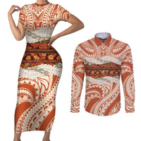 Aloha Hawaii Mikioi Lei Couples Matching Short Sleeve Bodycon Dress and Long Sleeve Button Shirt Beige Tropical Flower Pattern LT14 Beige - Polynesian Pride