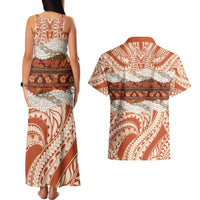 Aloha Hawaii Mikioi Lei Couples Matching Tank Maxi Dress and Hawaiian Shirt Beige Tropical Flower Pattern LT14 - Polynesian Pride