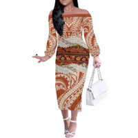 Aloha Hawaii Mikioi Lei Family Matching Off The Shoulder Long Sleeve Dress and Hawaiian Shirt Beige Tropical Flower Pattern LT14 Mom's Dress Beige - Polynesian Pride