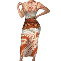Aloha Hawaii Mikioi Lei Family Matching Short Sleeve Bodycon Dress and Hawaiian Shirt Beige Tropical Flower Pattern LT14 Mom's Dress Beige - Polynesian Pride