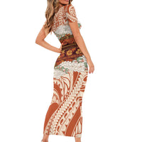 Aloha Hawaii Mikioi Lei Short Sleeve Bodycon Dress Beige Tropical Flower Pattern - Polynesian Pride