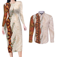 Aloha Hawaii Mikioi Lei Couples Matching Long Sleeve Bodycon Dress and Long Sleeve Button Shirt Cattail Red Tropical Flower Pattern LT14 Cattail Red - Polynesian Pride