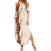 Aloha Hawaii Mikioi Lei Family Matching Summer Maxi Dress and Hawaiian Shirt Cattail Red Tropical Flower Pattern LT14 Mom's Dress Cattail Red - Polynesian Pride