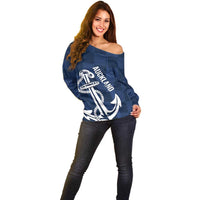 New Zealand Auckland Football Custom Off Shoulder Sweater Navy Blue City Anchor Sky Tower Symbol LT14 - Polynesian Pride