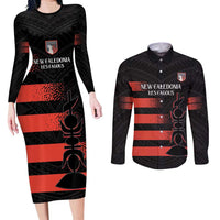 Custom New Caledonia Football Couples Matching Long Sleeve Bodycon Dress and Long Sleeve Button Shirt Allez Les Cagous Polynesian Pattern LT14 Black - Polynesian Pride