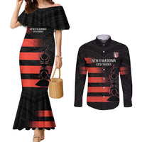 Custom New Caledonia Football Couples Matching Mermaid Dress and Long Sleeve Button Shirt Allez Les Cagous Polynesian Pattern LT14 Black - Polynesian Pride