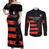 Custom New Caledonia Football Couples Matching Off Shoulder Maxi Dress and Long Sleeve Button Shirt Allez Les Cagous Polynesian Pattern LT14 Black - Polynesian Pride