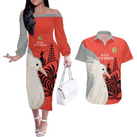 Custom Nouvelle-Caledonie Football Couples Matching Off The Shoulder Long Sleeve Dress and Hawaiian Shirt Allez Les Cagous Simple Style LT14 Red - Polynesian Pride