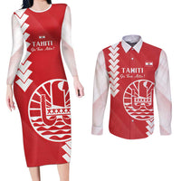 Custom Tahiti Football Couples Matching Long Sleeve Bodycon Dress and Long Sleeve Button Shirt Go Toa Aito LT14 Red - Polynesian Pride