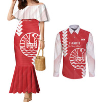 Custom Tahiti Football Couples Matching Mermaid Dress and Long Sleeve Button Shirt Go Toa Aito LT14 Red - Polynesian Pride