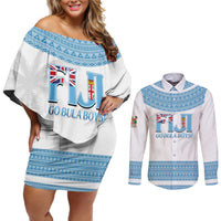 Custom Fiji Tapa Football Couples Matching Off Shoulder Short Dress and Long Sleeve Button Shirt Go Bula Boy! LT14 White - Polynesian Pride