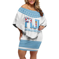 Custom Fiji Tapa Football Family Matching Off Shoulder Short Dress and Hawaiian Shirt Go Bula Boy! LT14 Mom's Dress White - Polynesian Pride