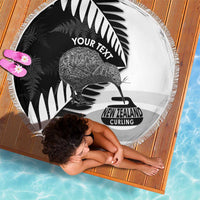 New Zealand Silver Fern Curling Personalised Beach Blanket Aotearoa Kiwi Ponga Black White Version - Polynesian Pride