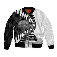 New Zealand Silver Fern Curling Personalised Bomber Jacket Aotearoa Kiwi Ponga Black White Version - Polynesian Pride