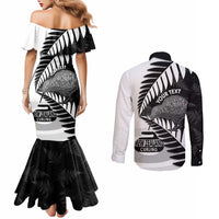 New Zealand Silver Fern Curling Personalised Couples Matching Mermaid Dress and Long Sleeve Button Shirt Aotearoa Kiwi Ponga Black White Version LT14 - Polynesian Pride