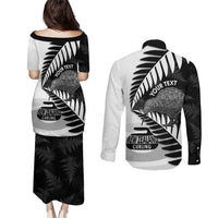 New Zealand Silver Fern Curling Personalised Couples Matching Puletasi and Long Sleeve Button Shirt Aotearoa Kiwi Ponga Black White Version LT14 - Polynesian Pride