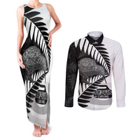 New Zealand Silver Fern Curling Personalised Couples Matching Tank Maxi Dress and Long Sleeve Button Shirt Aotearoa Kiwi Ponga Black White Version LT14 Black - Polynesian Pride
