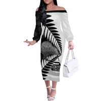 New Zealand Silver Fern Curling Personalised Family Matching Off The Shoulder Long Sleeve Dress and Hawaiian Shirt Aotearoa Kiwi Ponga Black White Version LT14 Mom's Dress Black - Polynesian Pride