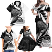 New Zealand Silver Fern Curling Personalised Family Matching Off Shoulder Maxi Dress and Hawaiian Shirt Aotearoa Kiwi Ponga Black White Version LT14 - Polynesian Pride