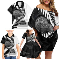 New Zealand Silver Fern Curling Personalised Family Matching Off Shoulder Short Dress and Hawaiian Shirt Aotearoa Kiwi Ponga Black White Version LT14 - Polynesian Pride
