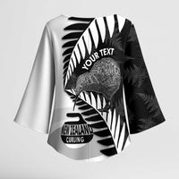 New Zealand Silver Fern Curling Personalised Kimono Sleeve Blouse Aotearoa Kiwi Ponga Black White Version - Polynesian Pride