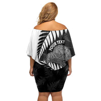 New Zealand Silver Fern Curling Personalised Off Shoulder Short Dress Aotearoa Kiwi Ponga Black White Version LT14 - Polynesian Pride
