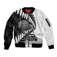 New Zealand Silver Fern Curling Personalised Sleeve Zip Bomber Jacket Aotearoa Kiwi Ponga Black White Version - Polynesian Pride