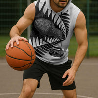 New Zealand Silver Fern Curling Personalised Sleeveless Hoodie Aotearoa Kiwi Ponga Black White Version LT14 - Polynesian Pride