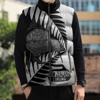 New Zealand Silver Fern Curling Personalised Sleeveless Puffer Jacket Aotearoa Kiwi Ponga Black White Version - Polynesian Pride