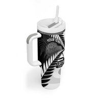New Zealand Silver Fern Curling Personalised Tumbler With Handle Aotearoa Kiwi Ponga Black White Version - Polynesian Pride