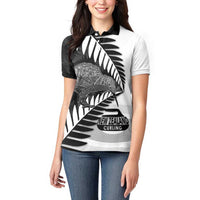 New Zealand Silver Fern Curling Personalised Women Polo Shirt Aotearoa Kiwi Ponga Black White Version LT14 - Polynesian Pride