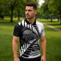 New Zealand Silver Fern Curling Personalised Zipper Polo Shirt Aotearoa Kiwi Ponga Black White Version LT14 - Polynesian Pride