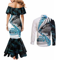 New Zealand Silver Fern Curling Personalised Couples Matching Mermaid Dress and Long Sleeve Button Shirt Aotearoa Kiwi Ponga Paua Shell Version LT14 - Polynesian Pride