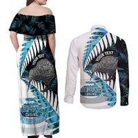 New Zealand Silver Fern Curling Personalised Couples Matching Off Shoulder Maxi Dress and Long Sleeve Button Shirt Aotearoa Kiwi Ponga Paua Shell Version LT14 - Polynesian Pride