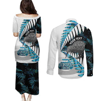 New Zealand Silver Fern Curling Personalised Couples Matching Puletasi and Long Sleeve Button Shirt Aotearoa Kiwi Ponga Paua Shell Version LT14 - Polynesian Pride