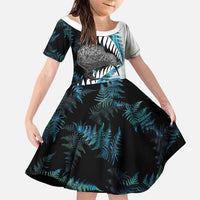 New Zealand Silver Fern Curling Personalised Family Matching Off The Shoulder Long Sleeve Dress and Hawaiian Shirt Aotearoa Kiwi Ponga Paua Shell Version LT14 Daughter's Dress Black - Polynesian Pride