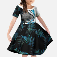 New Zealand Silver Fern Curling Personalised Kid Short Sleeve Dress Aotearoa Kiwi Ponga Paua Shell Version LT14 KID Black - Polynesian Pride