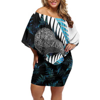 New Zealand Silver Fern Curling Personalised Off Shoulder Short Dress Aotearoa Kiwi Ponga Paua Shell Version LT14 Women Black - Polynesian Pride