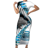 New Zealand Silver Fern Curling Personalised Short Sleeve Bodycon Dress Aotearoa Kiwi Ponga Paua Shell Version LT14 Long Dress Black - Polynesian Pride