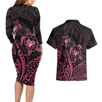 Pink Black Polynesia Floral Sea Turtle Couples Matching Long Sleeve Bodycon Dress and Hawaiian Shirt LT14 - Polynesian Pride