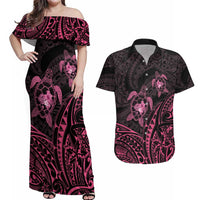 Pink Black Polynesia Floral Sea Turtle Couples Matching Off Shoulder Maxi Dress and Hawaiian Shirt - Polynesian Pride