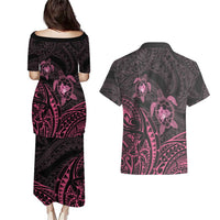 Pink Black Polynesia Floral Sea Turtle Couples Matching Puletasi and Hawaiian Shirt - Polynesian Pride