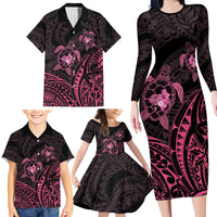 Pink Black Polynesia Floral Sea Turtle Family Matching Long Sleeve Bodycon Dress and Hawaiian Shirt LT14 - Polynesian Pride