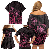 Pink Black Polynesia Floral Sea Turtle Family Matching Off Shoulder Short Dress and Hawaiian Shirt LT14 - Polynesian Pride